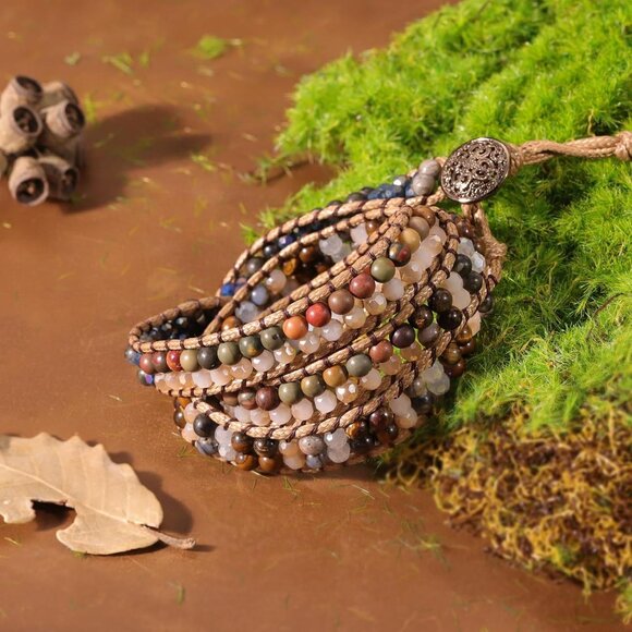 Boho Beaded Wrap Bracelet Natural Stones Brown Adjustable Gift for Women - Picture 8 of 9